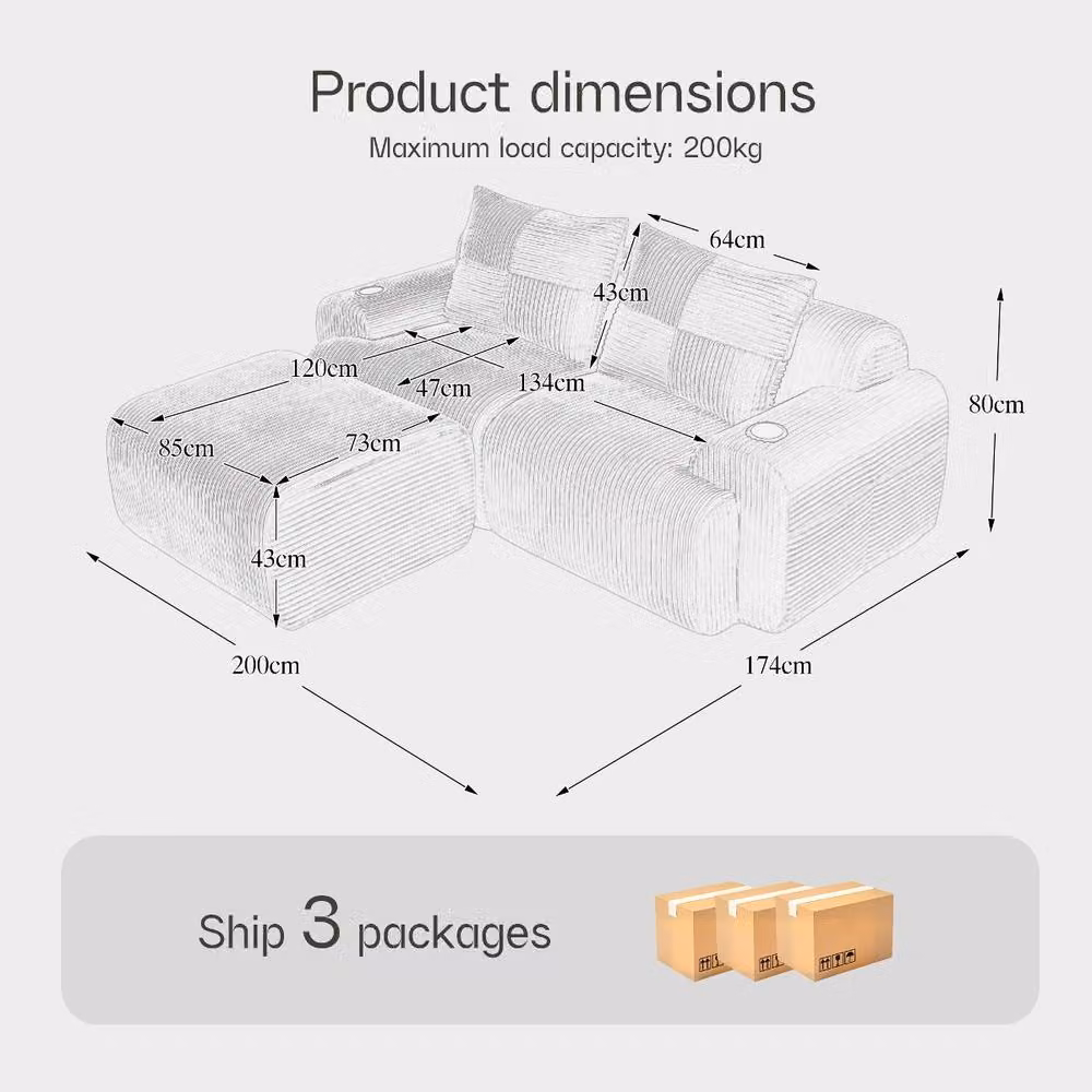 Rolipo Black Modular 2-Seater Corduroy Sofa with Matching Ottoman and Cup Holders – 2
