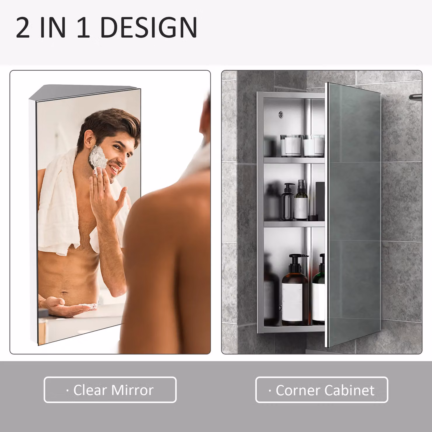 HOMCOM Wall Mounted Silver Bathroom Mirror Cupboard with Glass Doors and Internal Shelves – 2