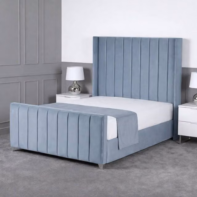 Living Comfort Bedz Imperial Winged Gas Lift Storage Upholstered Velvet Bed in Light Blue, Super King Size