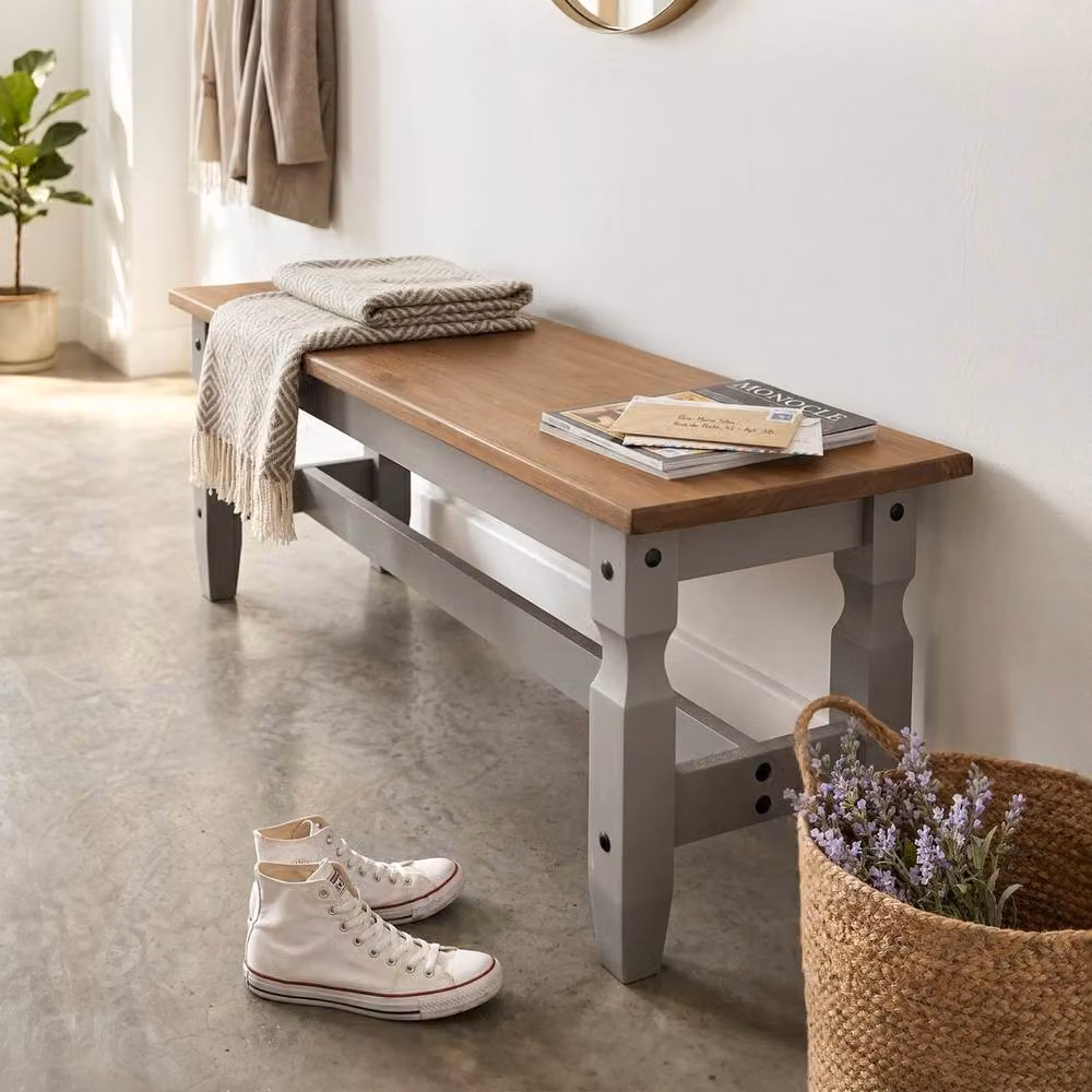 VOGREX Grey and Brown Solid Pine 4 Seater Dining Bench with Rustic Waxed Wood and Metal Finish – 2