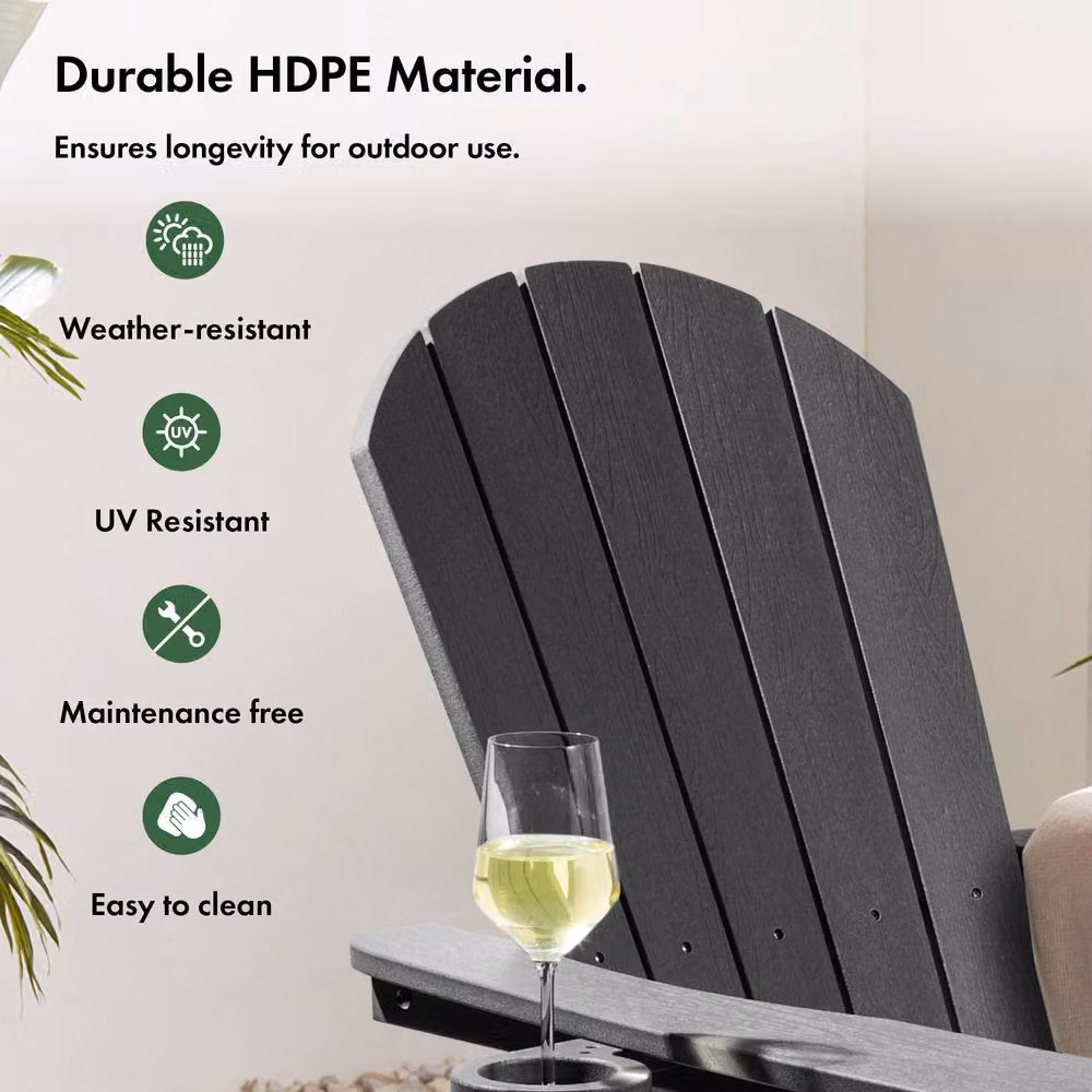 VonHaus Westport Reclining HDPE Adirondack Garden Chair with Ottoman and Cup Holders, Black (Pack of 2) – 4