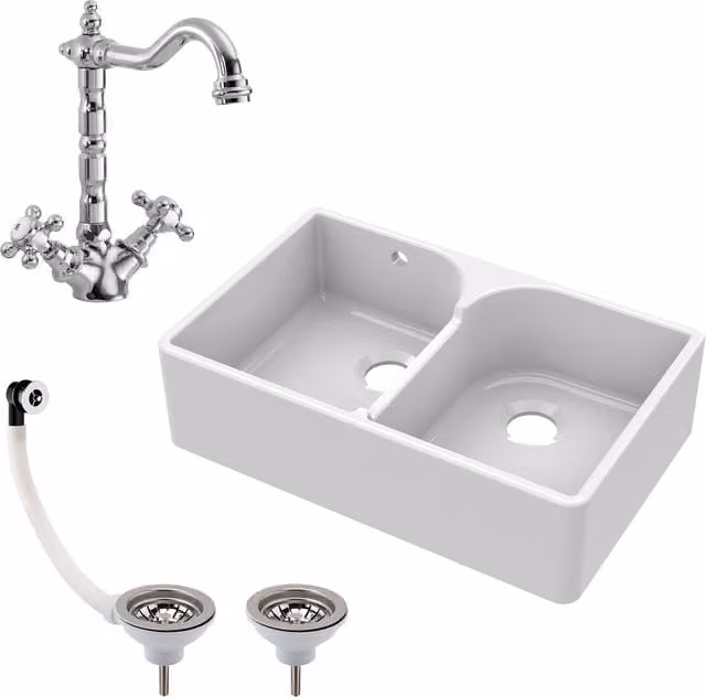 Balterley White Ceramic 2 Bowl Stepped Weir Butler Sink with Overflow and Tap Waste, W: 79.5 cm