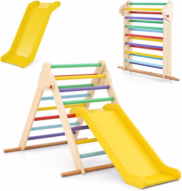 Costway Foldable Wooden Kids Climbing Triangle Ladder in Yellow