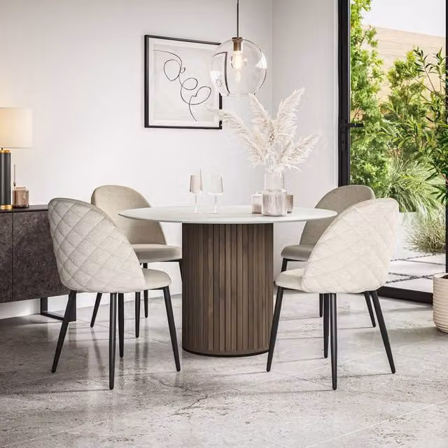 More4Homes Arlo White Marble Top Round Dining Table with Walnut Legs and 6 Raye Beige Velvet Dining Chairs Set – 1
