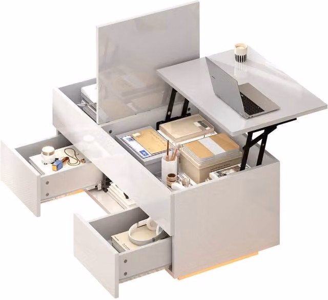 ModernLuxe High Gloss LED Lift Top Coffee Table with 2 Drawers in White
