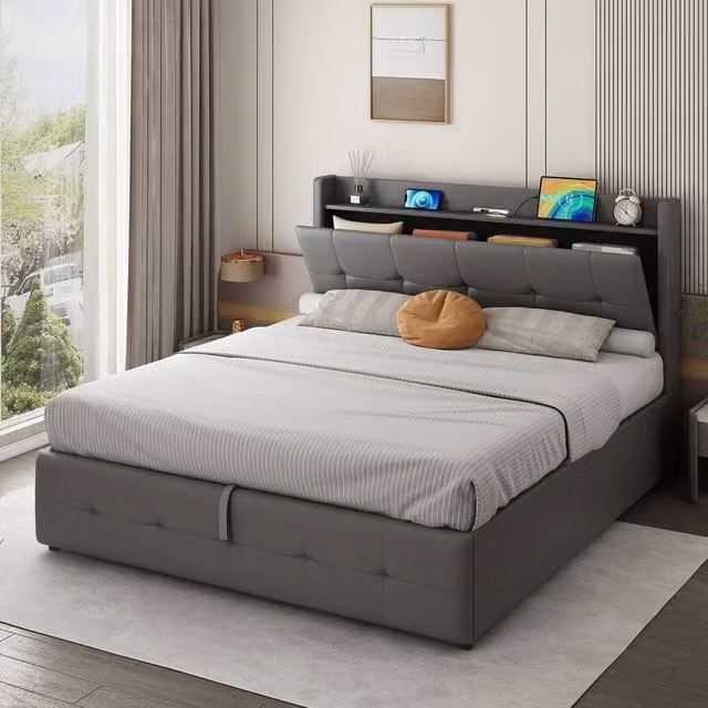 Merax Grey PU Leather Upholstered Ottoman Bed with LED Headboard, Storage, and USB Charging Port, W/D/H: 140 x 200 cm – 1