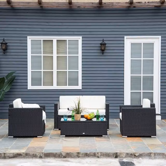 Outsunny 4-Piece Black Rattan Sofa Set with Coffee Table