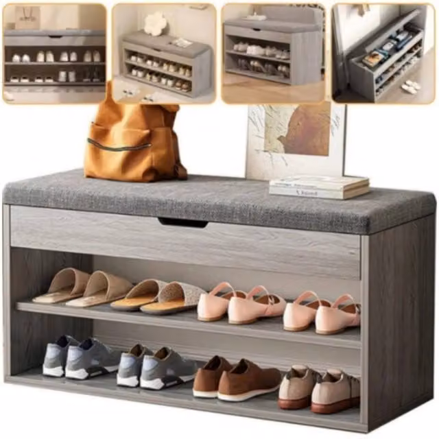 Havendro Grey Wooden Shoe Bench and Hallway Storage Cabinet with Fabric Cushion – 1