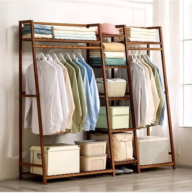 H&O Direct Bamboo Trapezoid Clothing Rack with Storage Shelves in Brown – 1