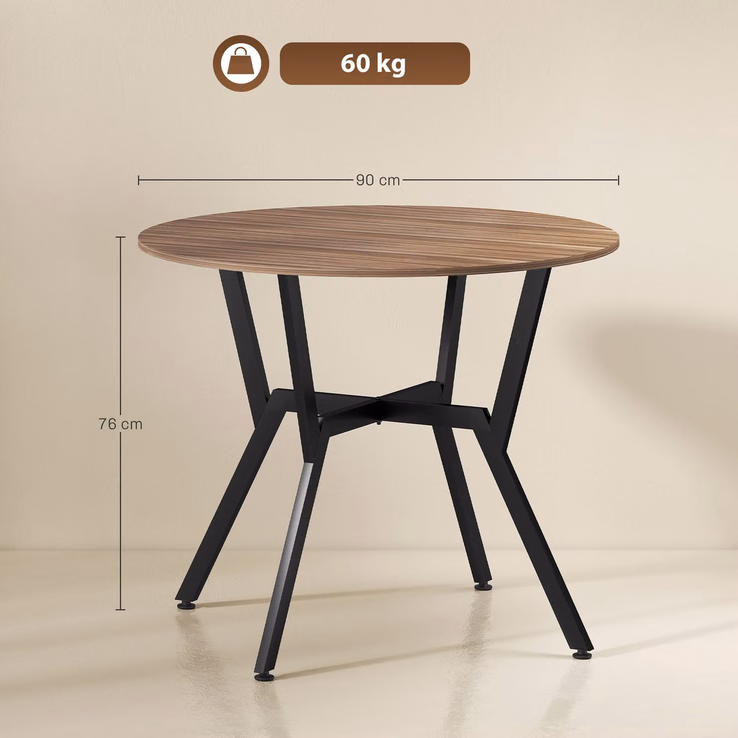 HOMCOM Round Brown Wood Dining Table with Black Metal Legs, W/D/H: 90 x 76 x 76 cm – 4