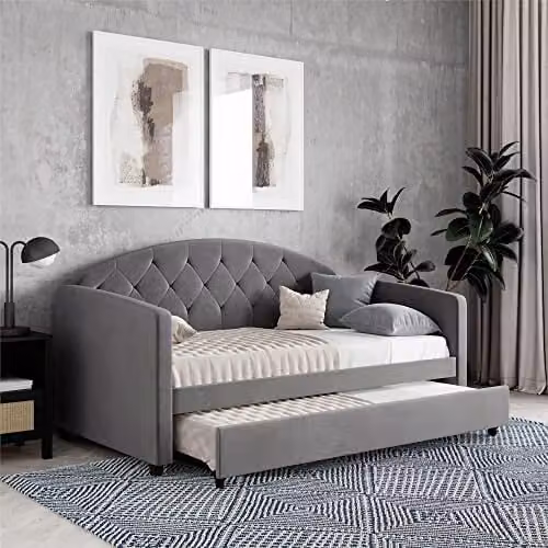 DHP Furniture Aspen Daybed with Trundle, Grey Velvet Upholstered
