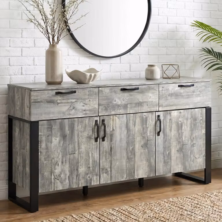 DHS Ironmere Grey and Black Industrial Sideboard Cabinet with 3 Doors and 3 Drawers, W/D/H: 150 x 40 x 80 cm