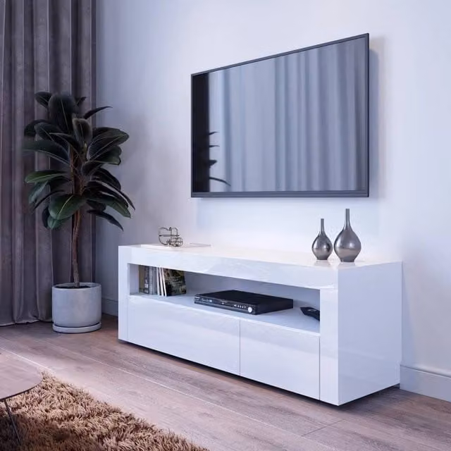 ERGOVEXA Modern White High Gloss TV Unit Cabinet Set with Integrated LED Lights and Drawers, W/D/H: 120 x 35 x 45 cm