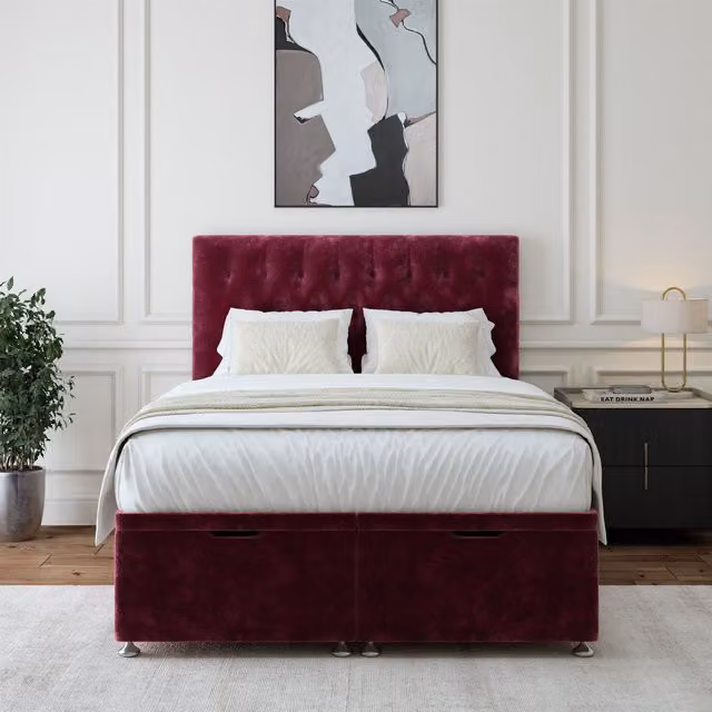 Bedmaster Aubergine Chenille Ottoman Divan Base and Button Headboard with Lift Up Storage, W/D/H: 140 x 200 cm