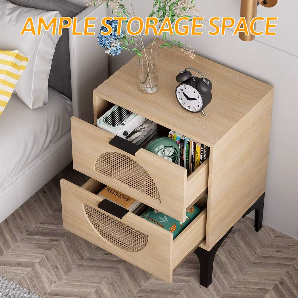 Huhote Boho Bedside Table Set of 2 with Rattan Drawers in Brown – 4