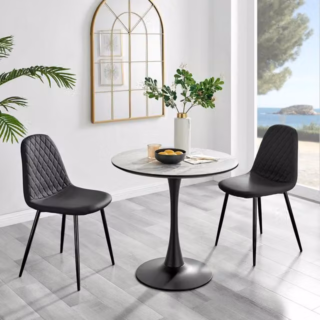 FurnitureboxUK Elina Round White Marble Effect Dining Table and 2 Corona Black Leg Chairs Set – 1