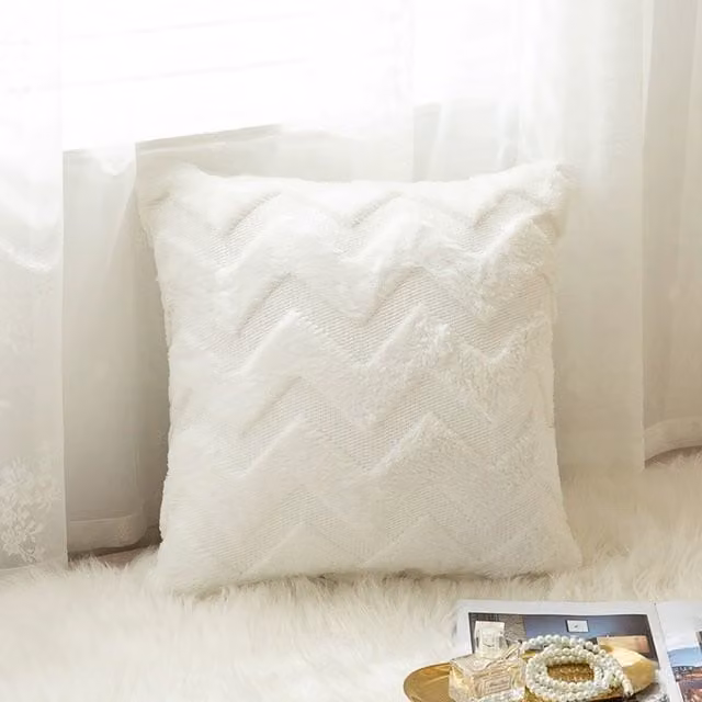 Livingandhome White Faux Fur Plush Square Decorative Throw Pillow