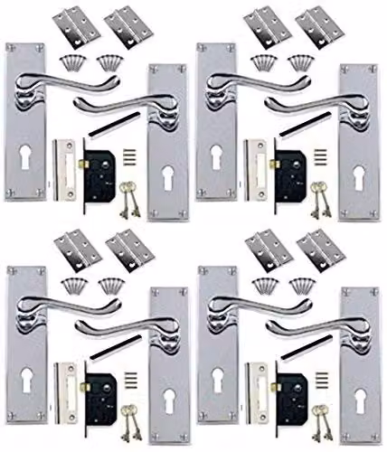 Golden Grace Victorian Scroll Door Handle Lock Set in Silver