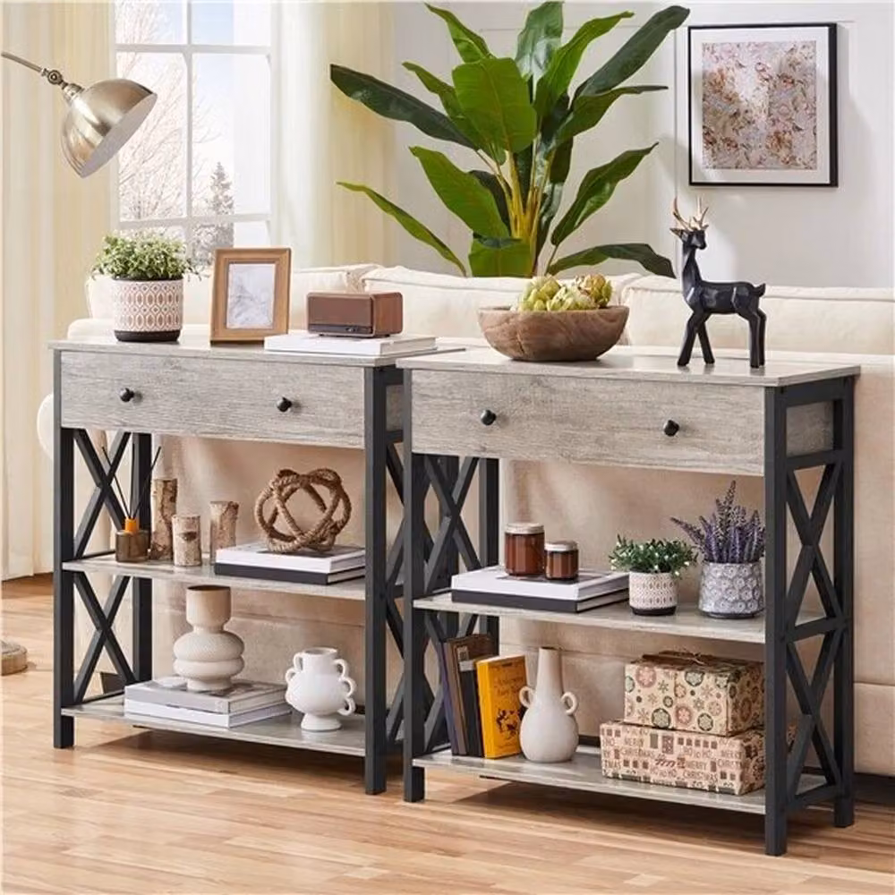 KORVIXA Industrial Console Table with Drawer and Storage Shelves in Grey, W/D/H: 100 x 100 x 80.5 cm – 5