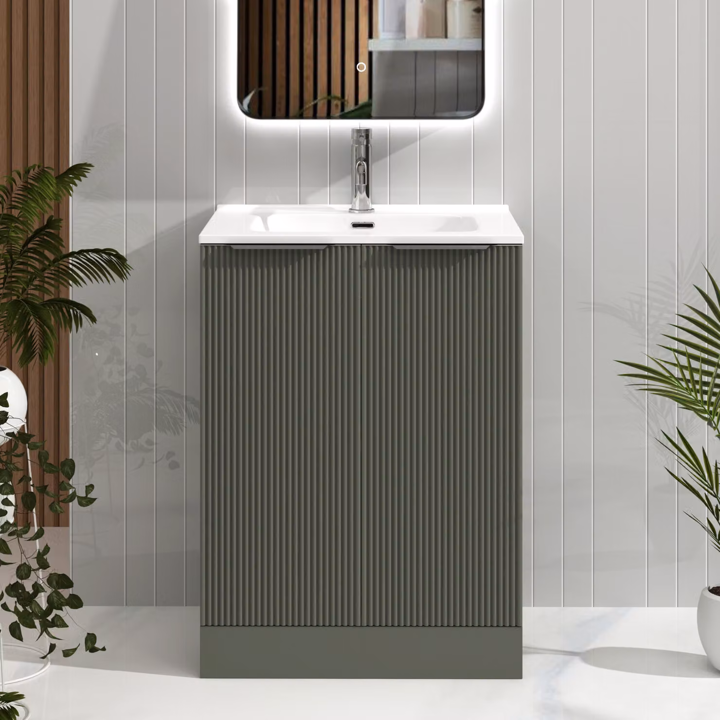 Royal Bathrooms Evora 700mm Sage Green Fluted Floor Standing 2 Door Vanity Unit with Ceramic Basin