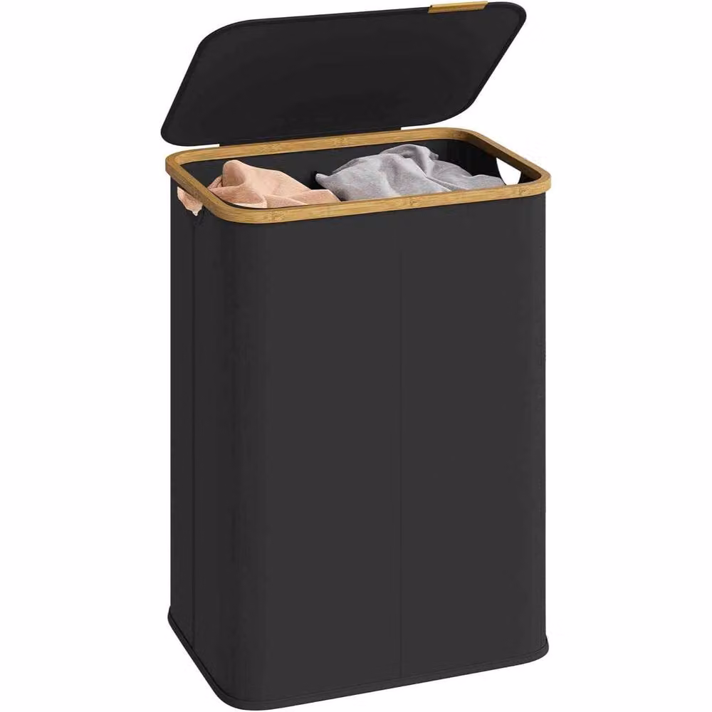 The Bazaarist Double Laundry Hamper with Lid, Bamboo Frame, Jet Black – 2