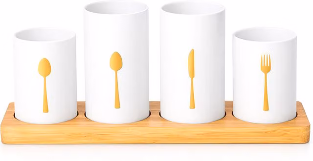Innoteck 4 Piece Kitchen Cutlery Holder Set with Bamboo Tray and Ceramic Pots in White and Grey