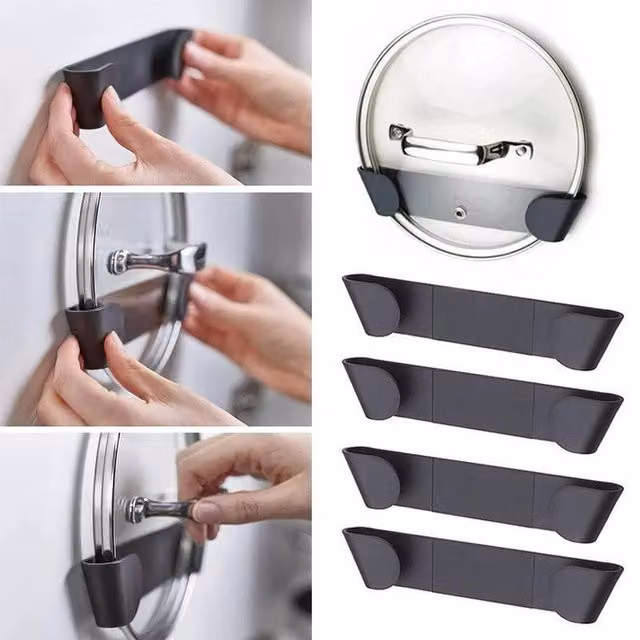PAWNORA 6-Piece Adhesive Plastic Pan Lid and Saucepan Storage Holder in Grey