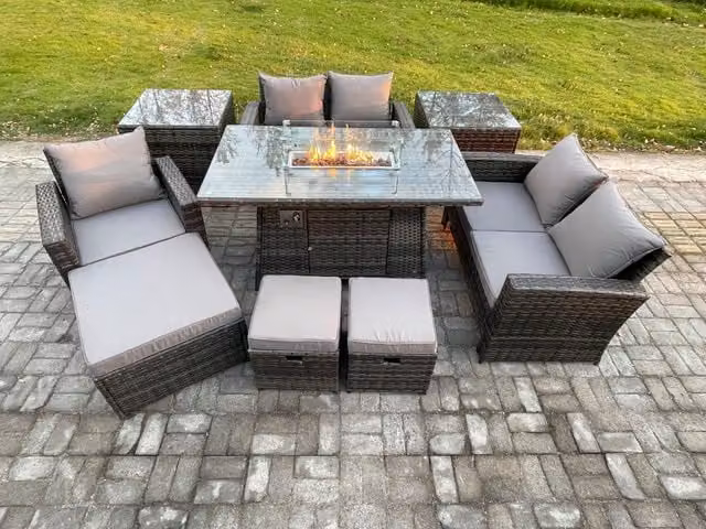 Fimous 8 Seater Dark Grey Rattan Outdoor Garden Furniture Set with Gas Fire Pit Table, Love Sofa, Armchair, 3 Footstools and 2 Side Tables