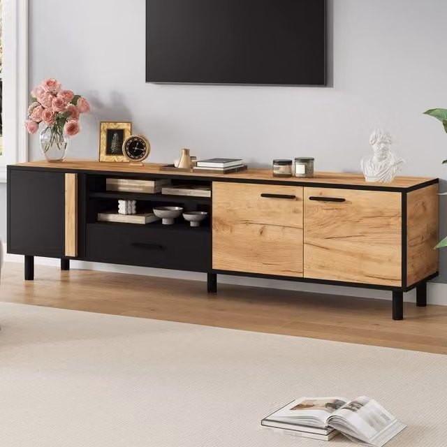 BTM Modern TV Stand Lowboard Media Console Storage Cabinet in Natural and Black, W/D/H: 180 x 38.5 x 50 cm – 1