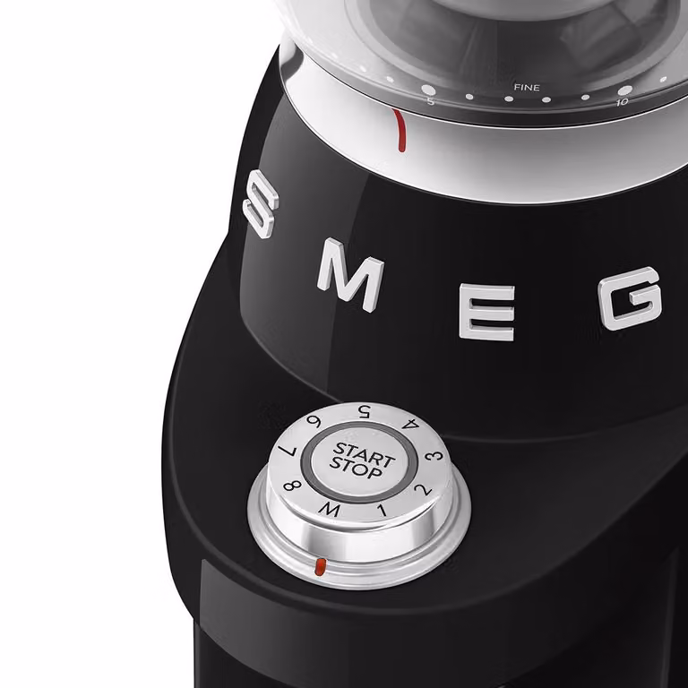 Smeg 50s Style Electric Conical Burr Coffee Grinder and Milk Frother with Removable Stainless Steel Tank in Black