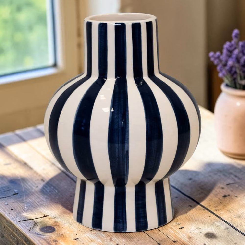Four Candle Modern Striped Blue and White Ceramic Round Tabletop Vase, H: 21.0 cm, W: 16.0 cm, D: 16.0 cm – 2