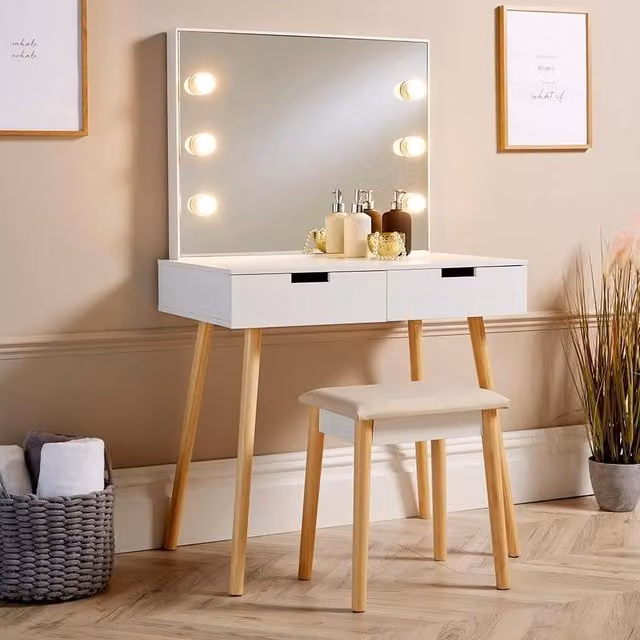 Home Source Glamour White Dressing Table Set with Hollywood LED Mirror and Padded Stool