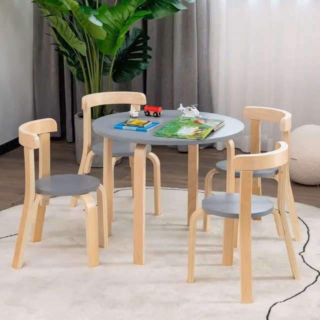 Costway 5-Piece Kids Table and Chair Set in Grey Wood