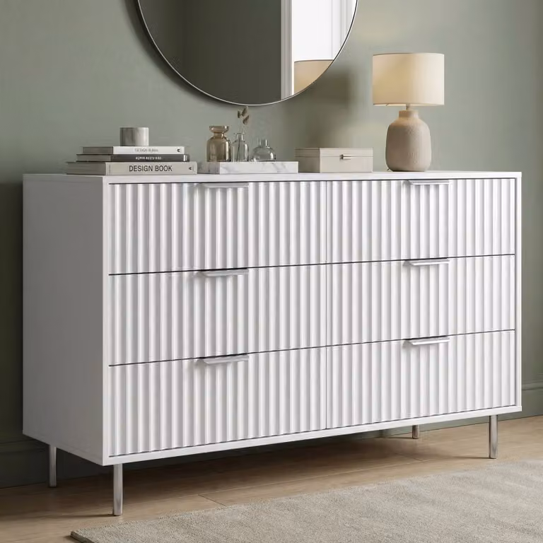 DHS Flutrina 6 Drawer Wide Chest of Drawers Bedroom Dresser in White