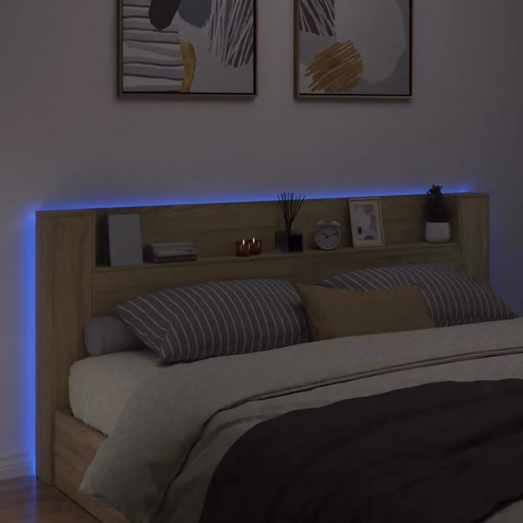 Berkfield Home LED Headboard Cabinet in Sonoma Oak Brown, W: 220 cm, D: 16.5 cm, H: 103.5 cm – 3