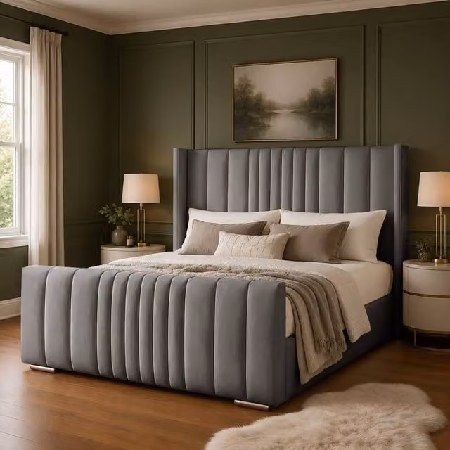 Desire Deco Luxury Austin Wingback Panel Bed Frame in Grey Velvet, Super King Size (200 x 200 cm) – 1