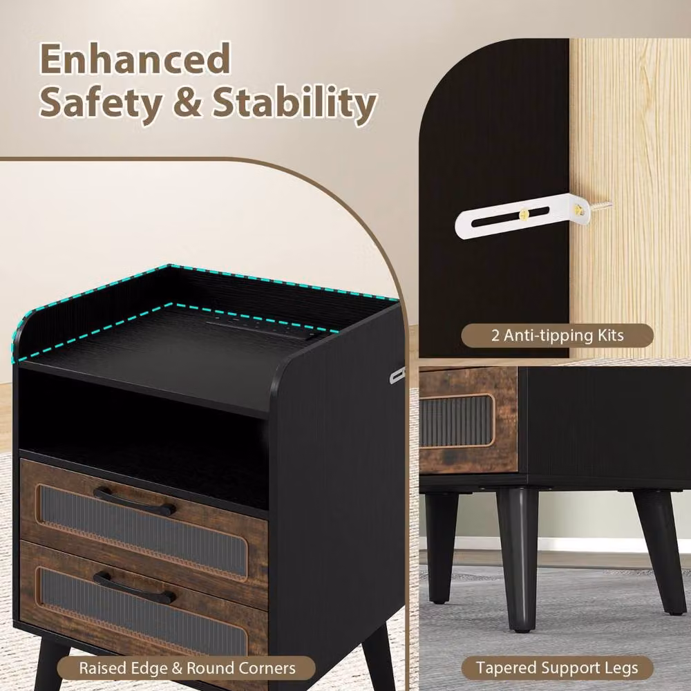 Costway Modern Black Bedside Table with Integrated Lighting and Metal Accents – 8
