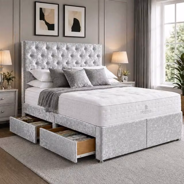 K Mehmood Enterprise Ltd Modern Upholstered Velvet Divan Bed with Headboard and Storage Drawers in Silver