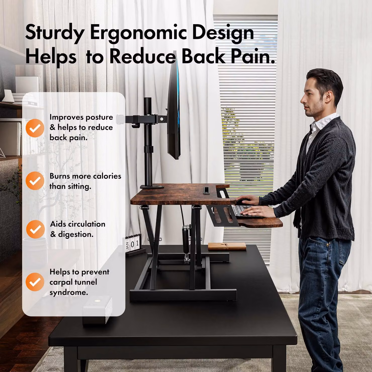 VonHaus Height Adjustable Standing Desk Converter with Keyboard Shelf in Dark Brown and Black – 4