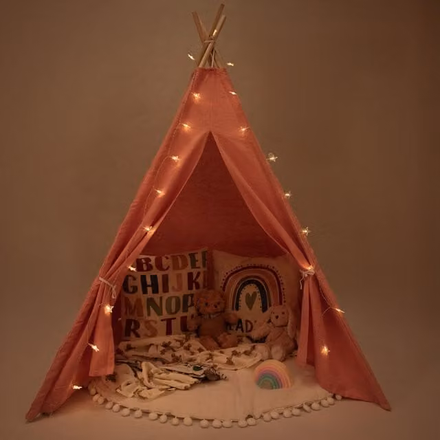 Relsy Pink Kids Teepee Tent with Rug and Lights, Cotton and Wood