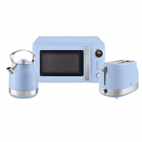 Swan Retro Kitchen Set in Blue including 1.7L Rapid Boil Kettle, 2 Slice Toaster and 20L Microwave – 1