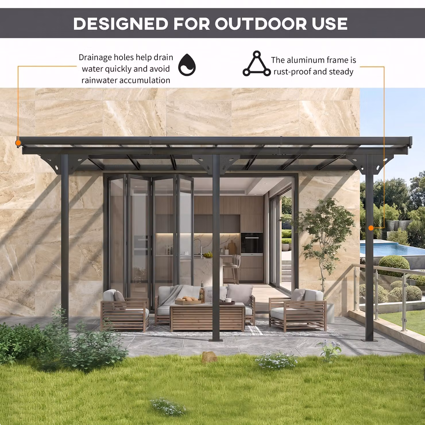 Outsunny Grey Wall-mounted Aluminium Lean-to Pergola with Polycarbonate Roof and Curtains, W: 435 cm, D: 300 cm – 6