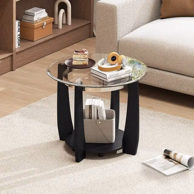 Costway 2-Tier Round Glass Coffee Table with Storage Shelf and Castors in Black – 1