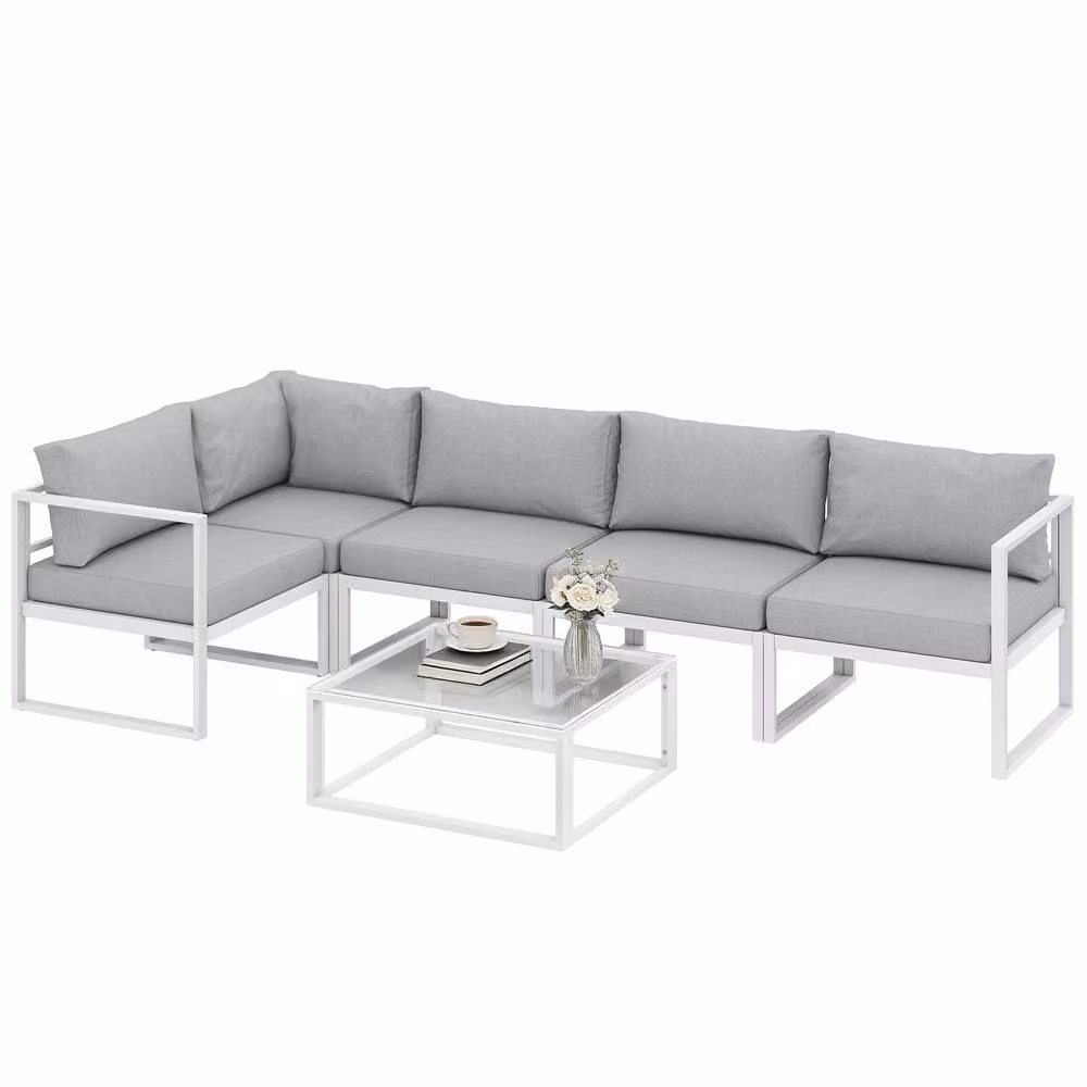 OUTSUNNY 5 Seater Modern Aluminium Garden Furniture Set with Coffee Table and Upholstered Cushions in Grey – 2