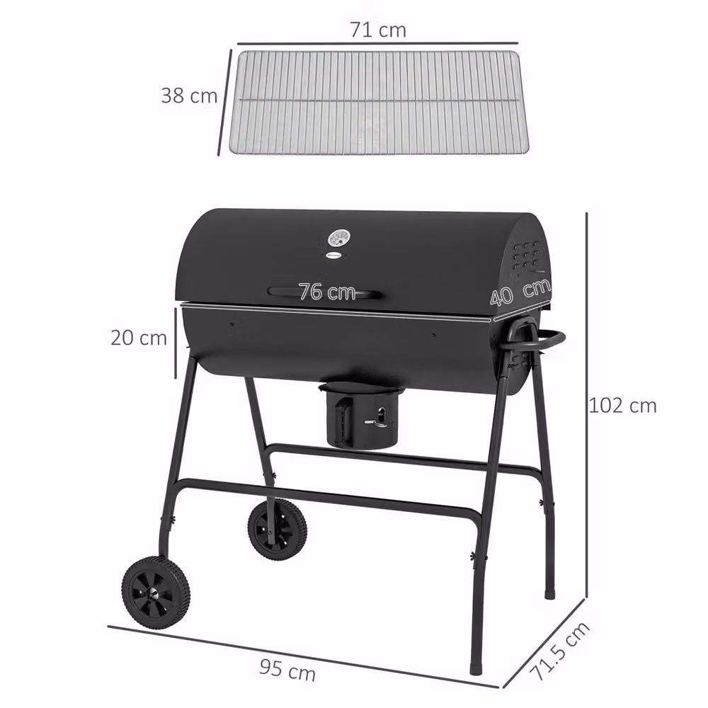 VOGREX Black Steel Barrel Charcoal Barbecue BBQ Grill Trolley with Thermometer, Warming Rack and Wheels – 2