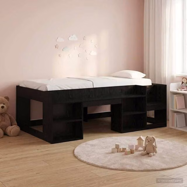 Berkfield Home Kids Bed Frame with Side Compartments and Bedside Shelf in Black Oak, W/D/H: 90 x 190 cm – 1