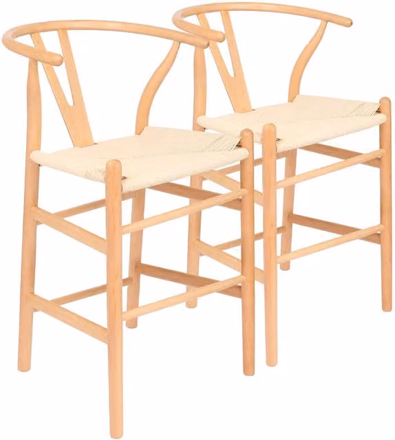 Nicholas Winter Pack of 2 Scandinavian Style Beech Wood Bar Stools in Beige and Yellow