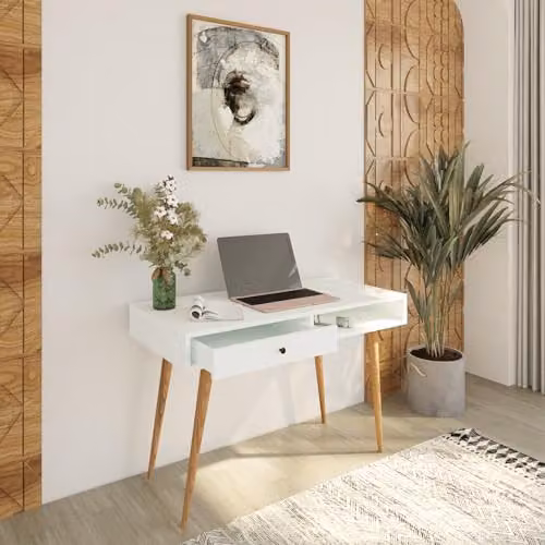 BIMOSSA White Writing Desk with Drawers and Open Shelf, W/D/H: 114 x 56 x 76 cm – 2