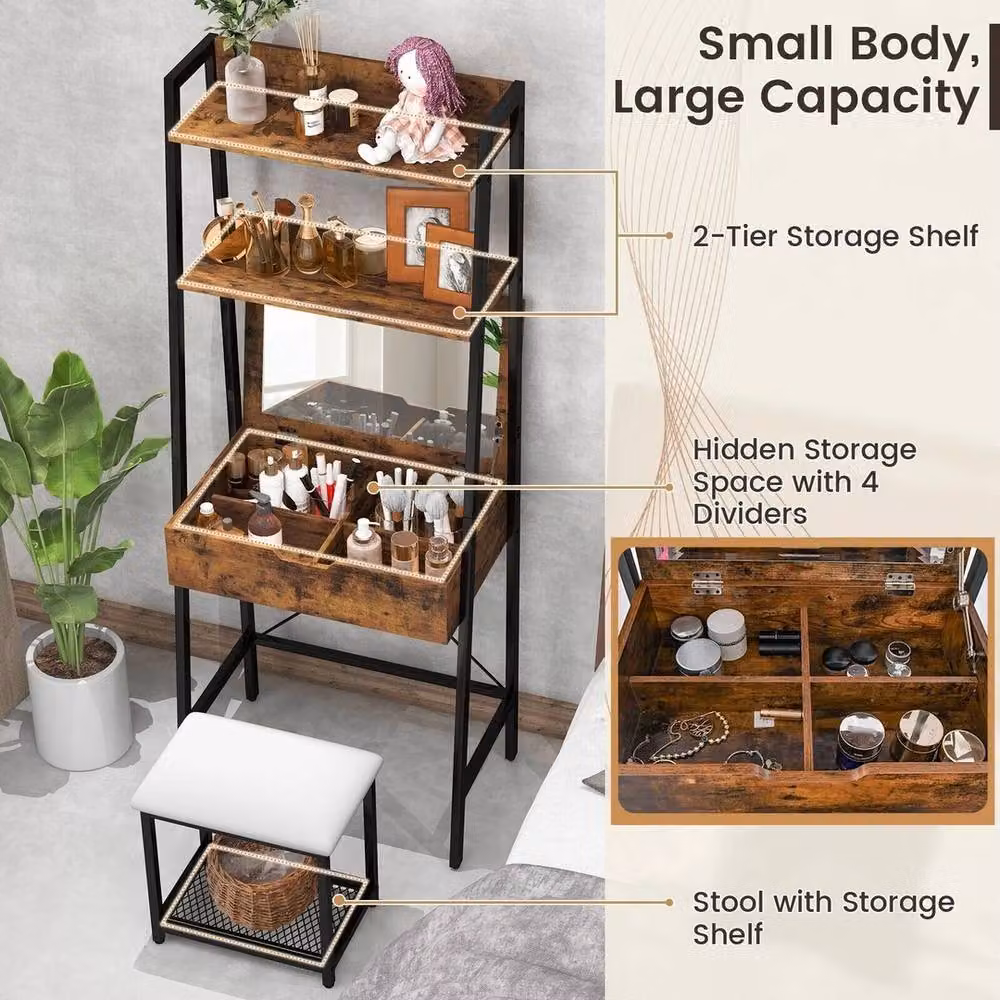VOGREX 3-in-1 Industrial Vanity Table with Stool and Storage in Brown – 4