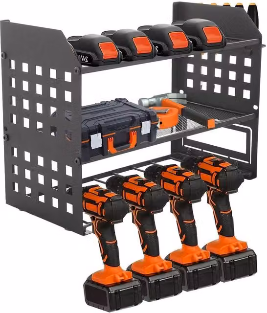 VOGREX Black and Red 3-Tier Wall Mounted Heavy Duty Stainless Steel Power Tool Storage Organizer